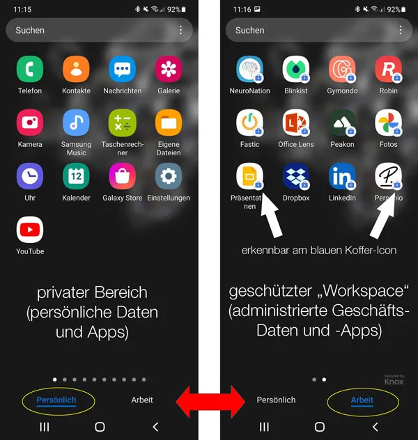 Screenshot eines Android-Containers zur Datentrennung